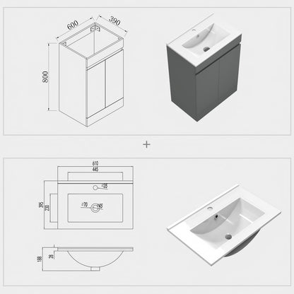 Badmöbel Set 60 cm Anthrazit  Waschbecken mit Unterschrank Waschtisch Keramikbecken Freistehend