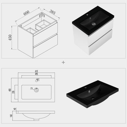 Badmöbel-Set 60 cm vormontierter Unterschrank, inkl. 2 Schubladen mit Soft-Close-Funktion,Waschtisch schwarz
