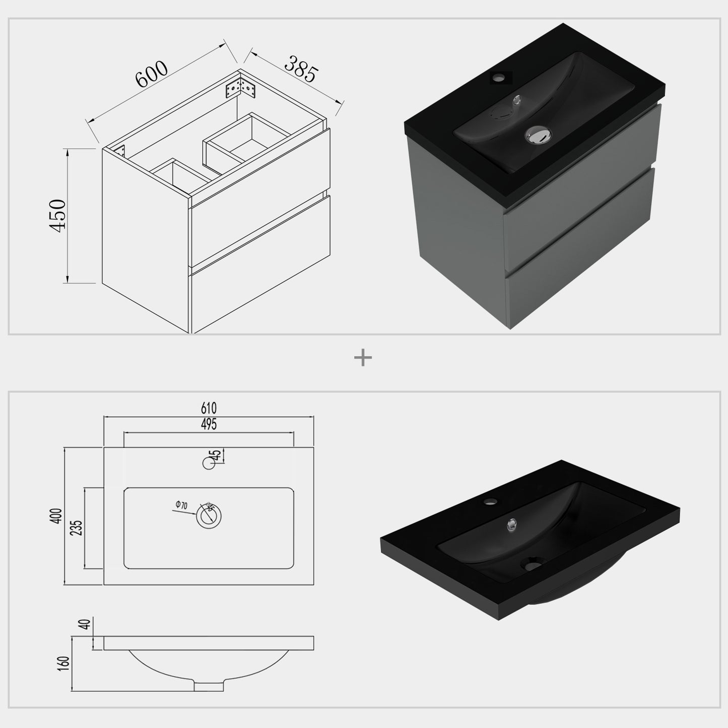 Badmöbel-Set 60 cm vormontierter Unterschrank, inkl. 2 Schubladen mit Soft-Close-Funktion,Waschtisch schwarz