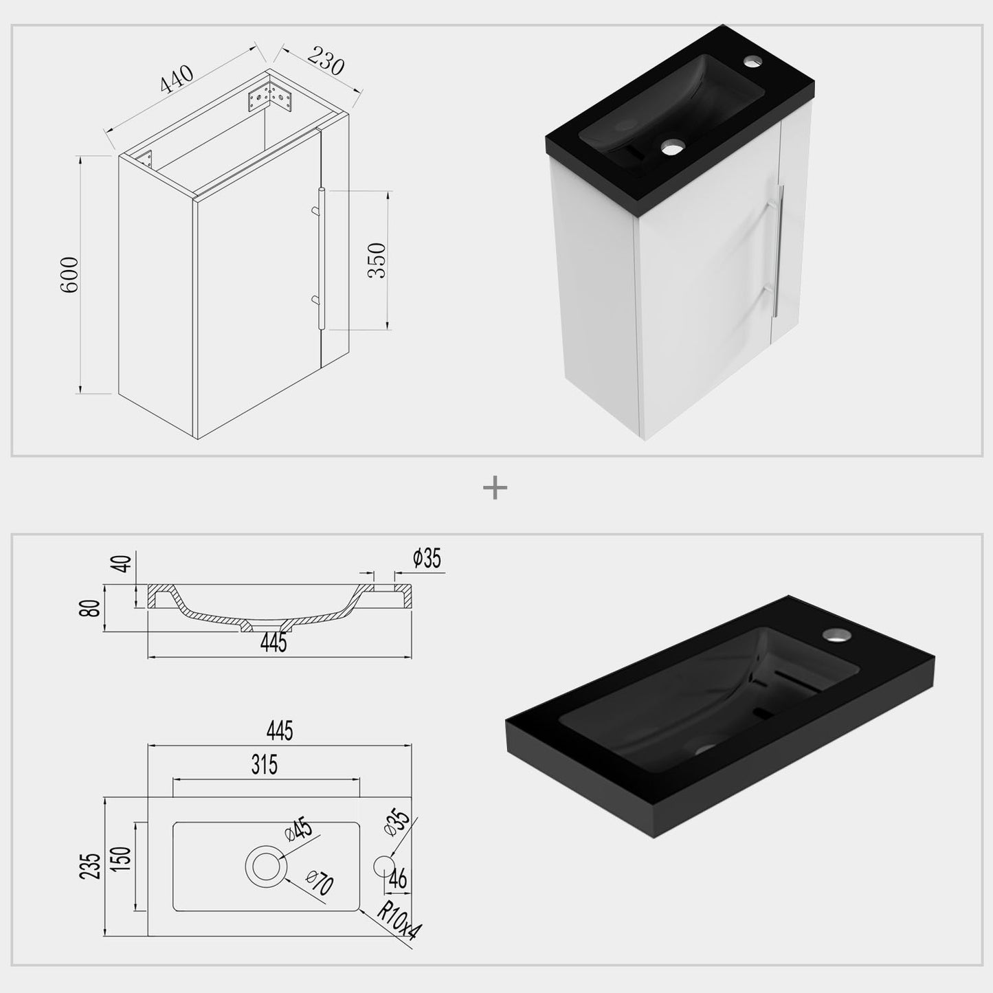 Badmöbel-Set 45 cm Waschtischunterschrank mit schwarzem Waschbecken, Gäste-WC, Kleinmöbel