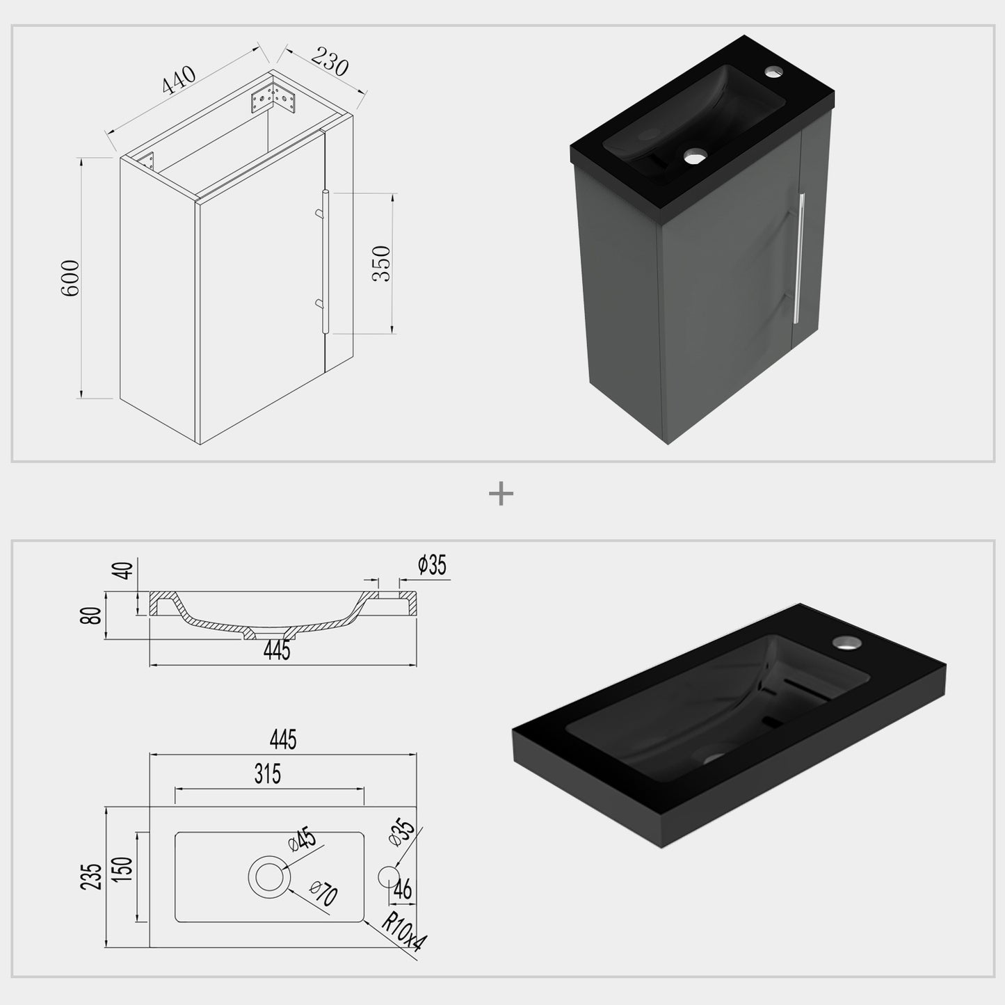Badmöbel-Set 45 cm Waschtischunterschrank mit schwarzem Waschbecken, Gäste-WC, Kleinmöbel