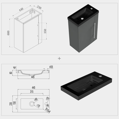 Badmöbel-Set 45 cm Waschtischunterschrank mit schwarzem Waschbecken, Gäste-WC, Kleinmöbel