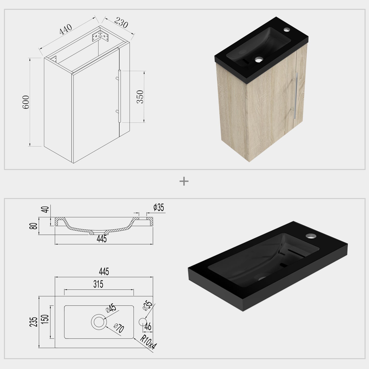 Badmöbel-Set 45 cm Waschtischunterschrank mit schwarzem Waschbecken, Gäste-WC, Kleinmöbel