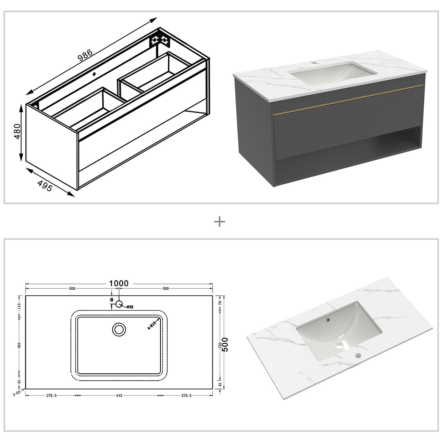 Badmöbel Set 60/80/100 cm Felsplatte Waschtisch mit Unterschrank Dunkelgrau