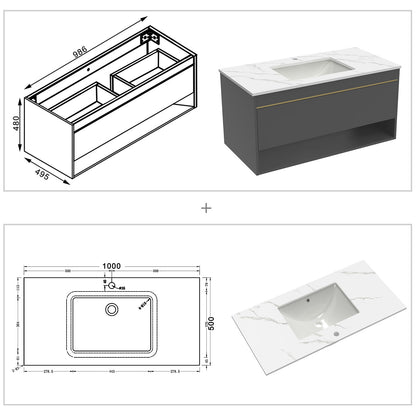 Badmöbel Set 60/80/100 cm Felsplatte Waschtisch mit Unterschrank Dunkelgrau