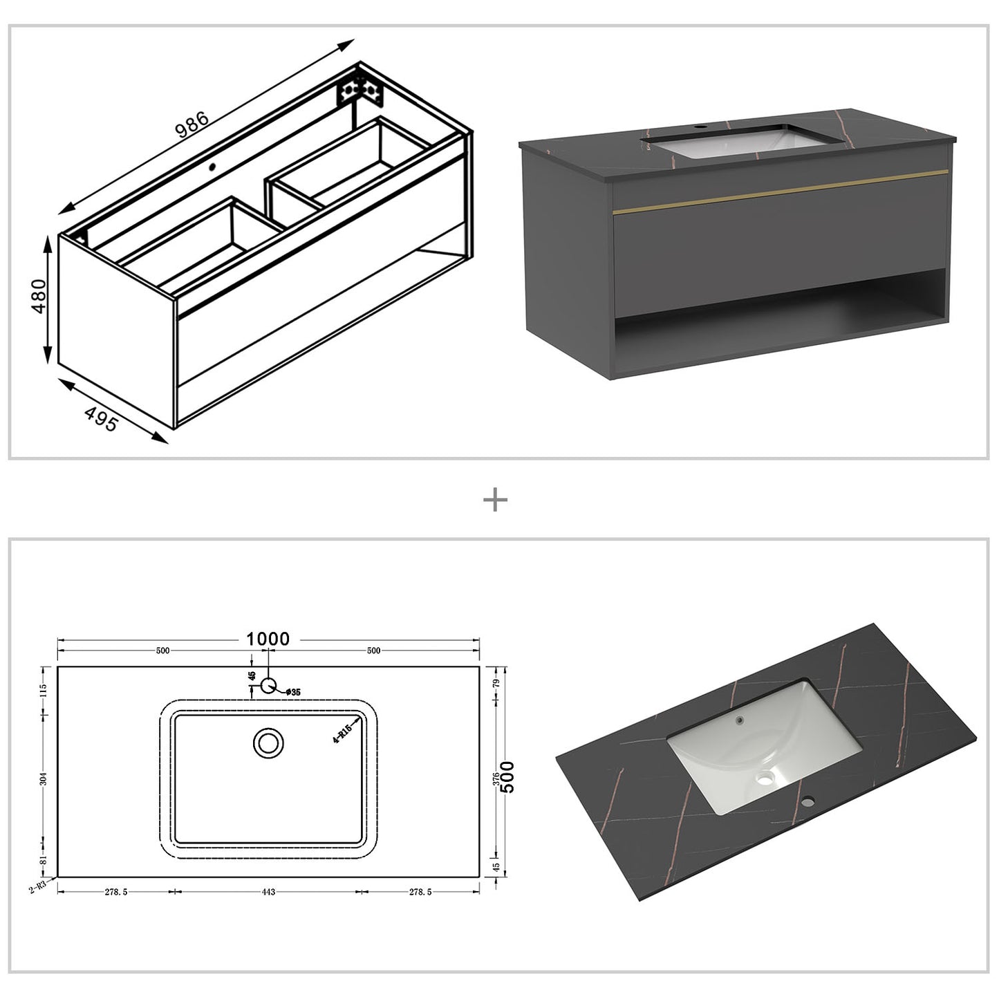 Badmöbel Set 60/80/100 cm Felsplatte Waschtisch mit Unterschrank Dunkelgrau