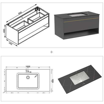 Badmöbel Set 60/80/100 cm Felsplatte Waschtisch mit Unterschrank Dunkelgrau