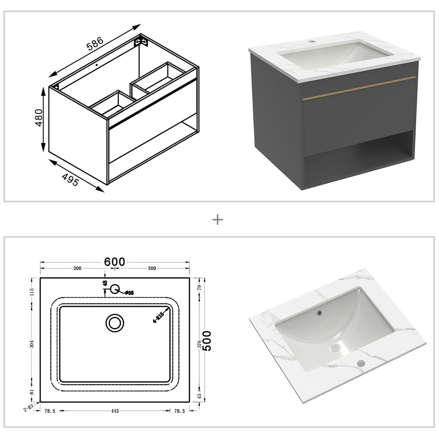 Badmöbel Set 60/80/100 cm Felsplatte Waschtisch mit Unterschrank Dunkelgrau