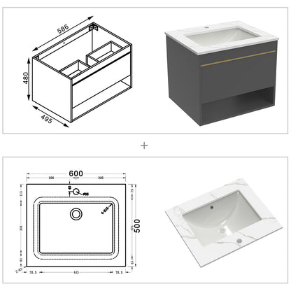 Badmöbel Set 60/80/100 cm Felsplatte Waschtisch mit Unterschrank Dunkelgrau