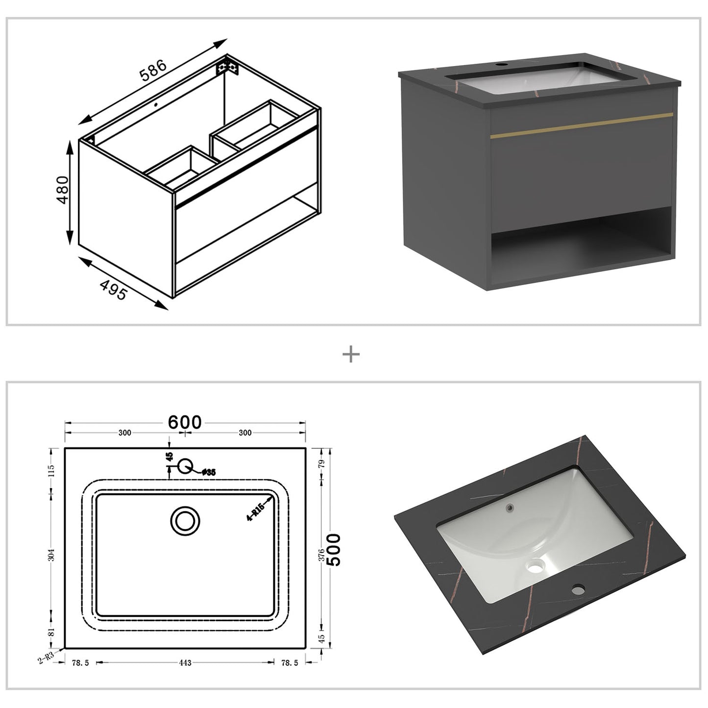 Badmöbel Set 60/80/100 cm Felsplatte Waschtisch mit Unterschrank Dunkelgrau