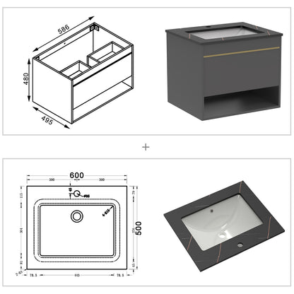 Badmöbel Set 60/80/100 cm Felsplatte Waschtisch mit Unterschrank Dunkelgrau