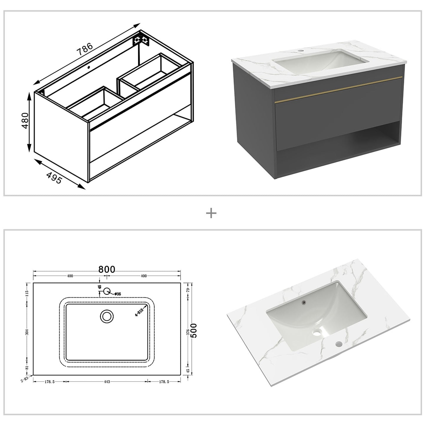 Badmöbel Set 60/80/100 cm Felsplatte Waschtisch mit Unterschrank Dunkelgrau