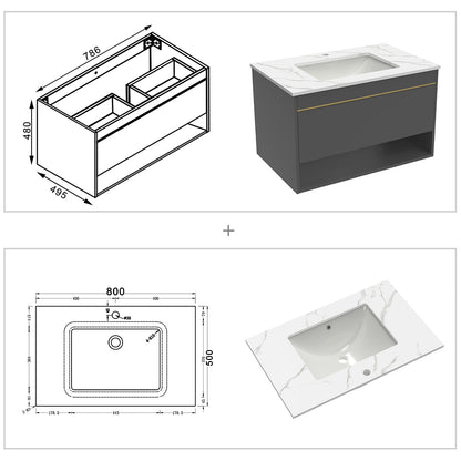 Badmöbel Set 60/80/100 cm Felsplatte Waschtisch mit Unterschrank Dunkelgrau