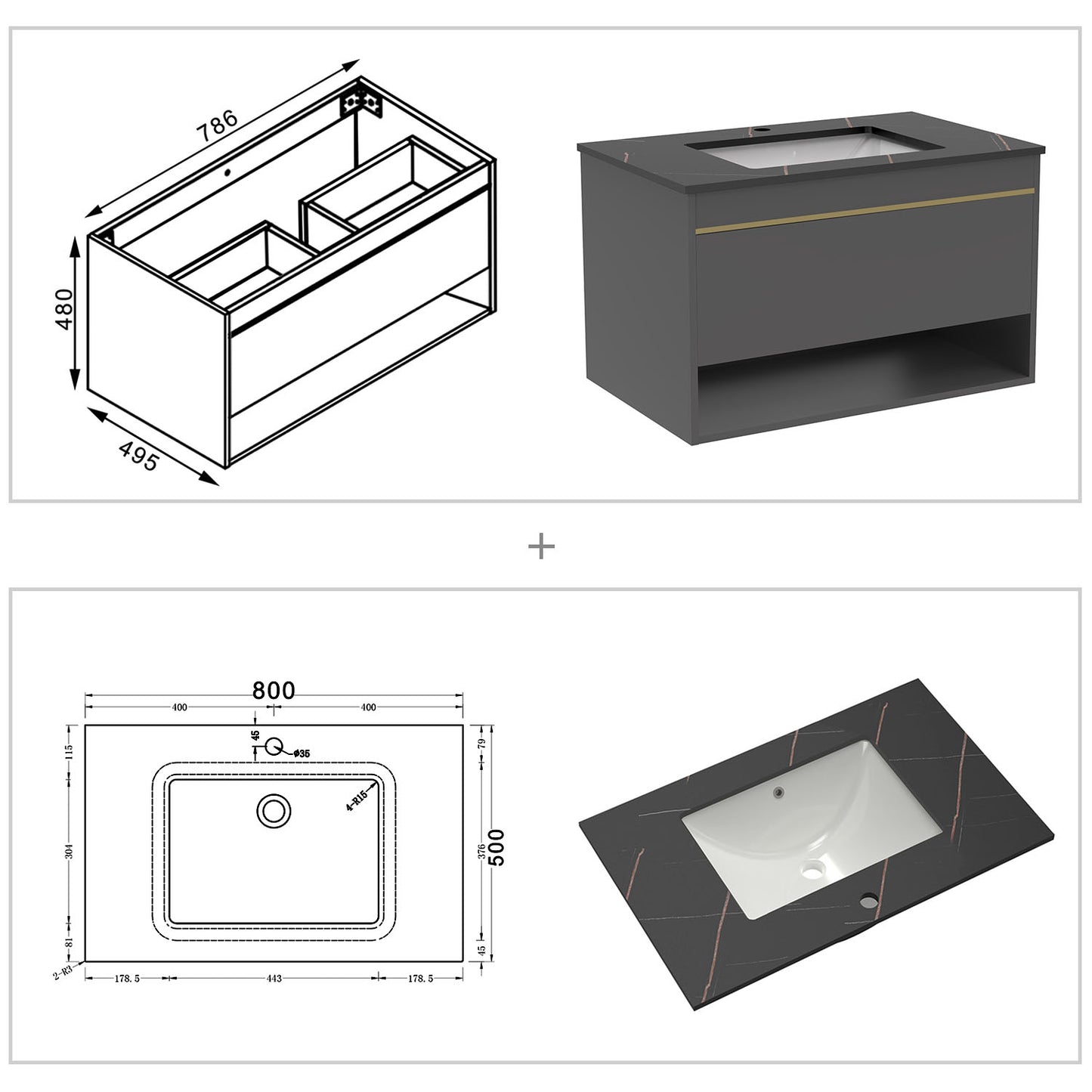 Badmöbel Set 60/80/100 cm Felsplatte Waschtisch mit Unterschrank Dunkelgrau