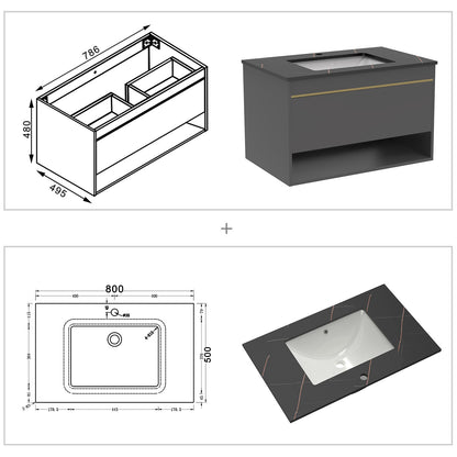 Badmöbel Set 60/80/100 cm Felsplatte Waschtisch mit Unterschrank Dunkelgrau