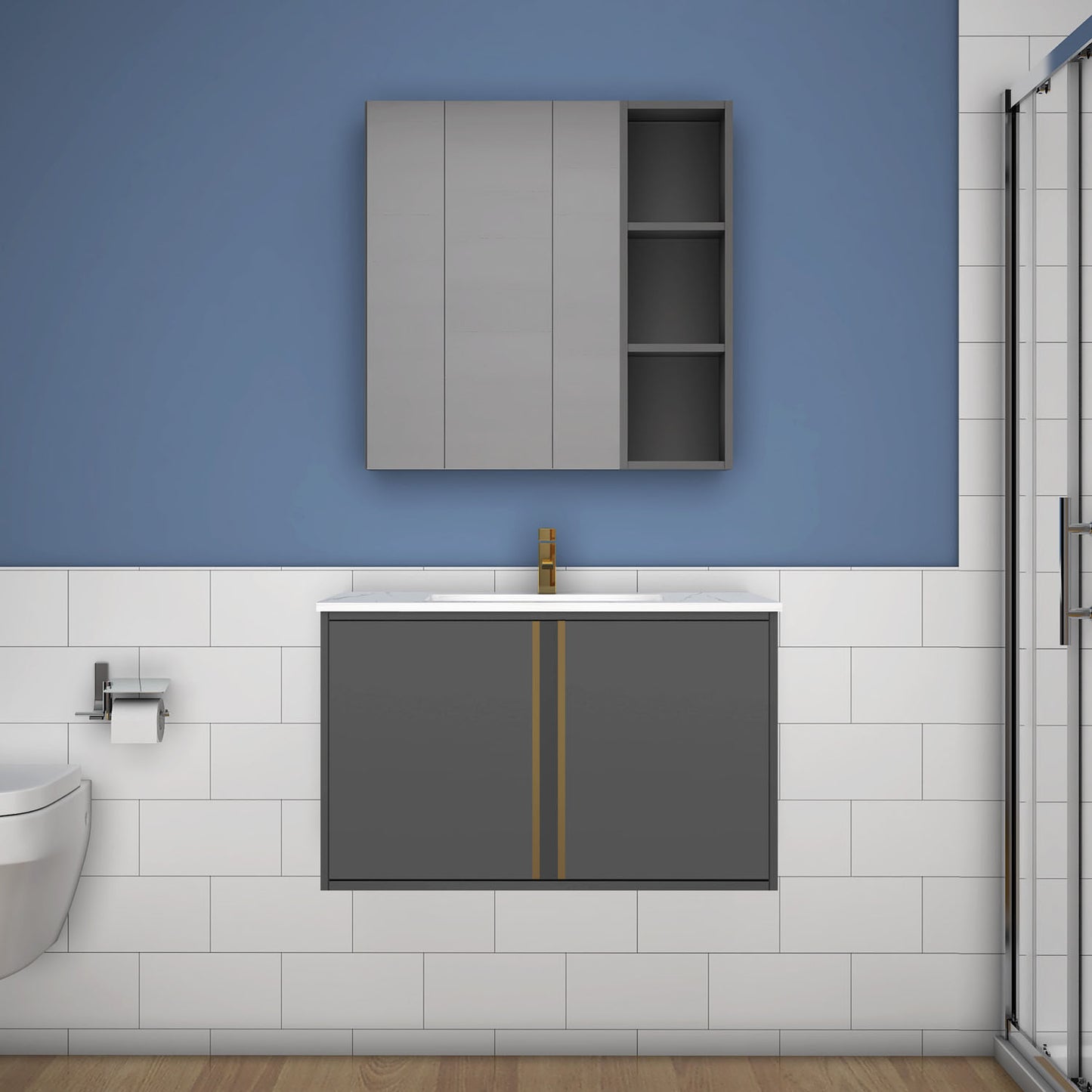 60/80/100 cm Badmöbel Set Felsplatte Waschtisch mit Unterschrank Dunkelgrau