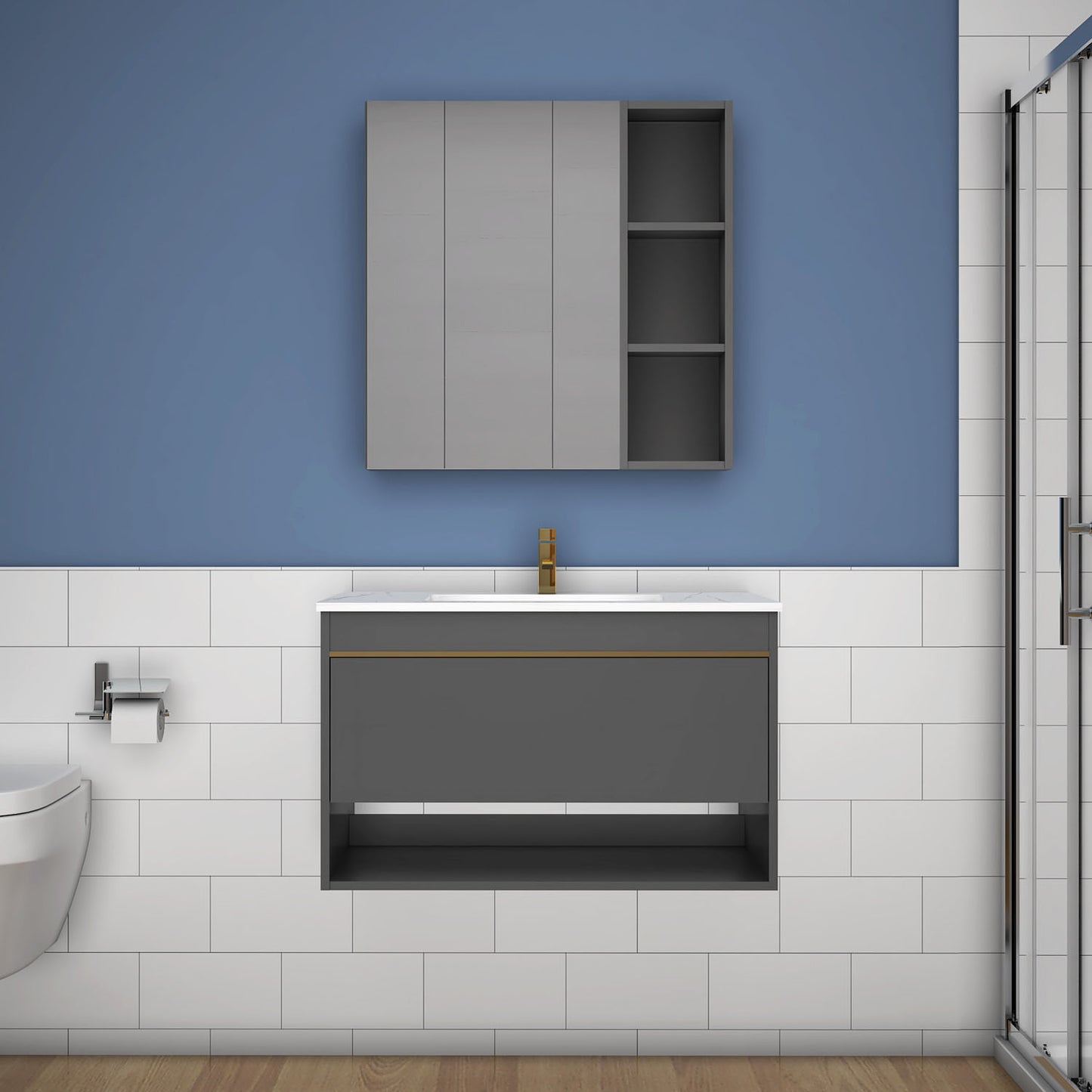 Badmöbel Set 60/80/100 cm Felsplatte Waschtisch mit Unterschrank Dunkelgrau