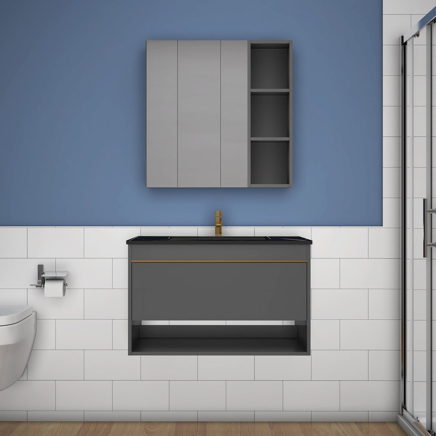 Badmöbel Set 60/80/100 cm Felsplatte Waschtisch mit Unterschrank Dunkelgrau