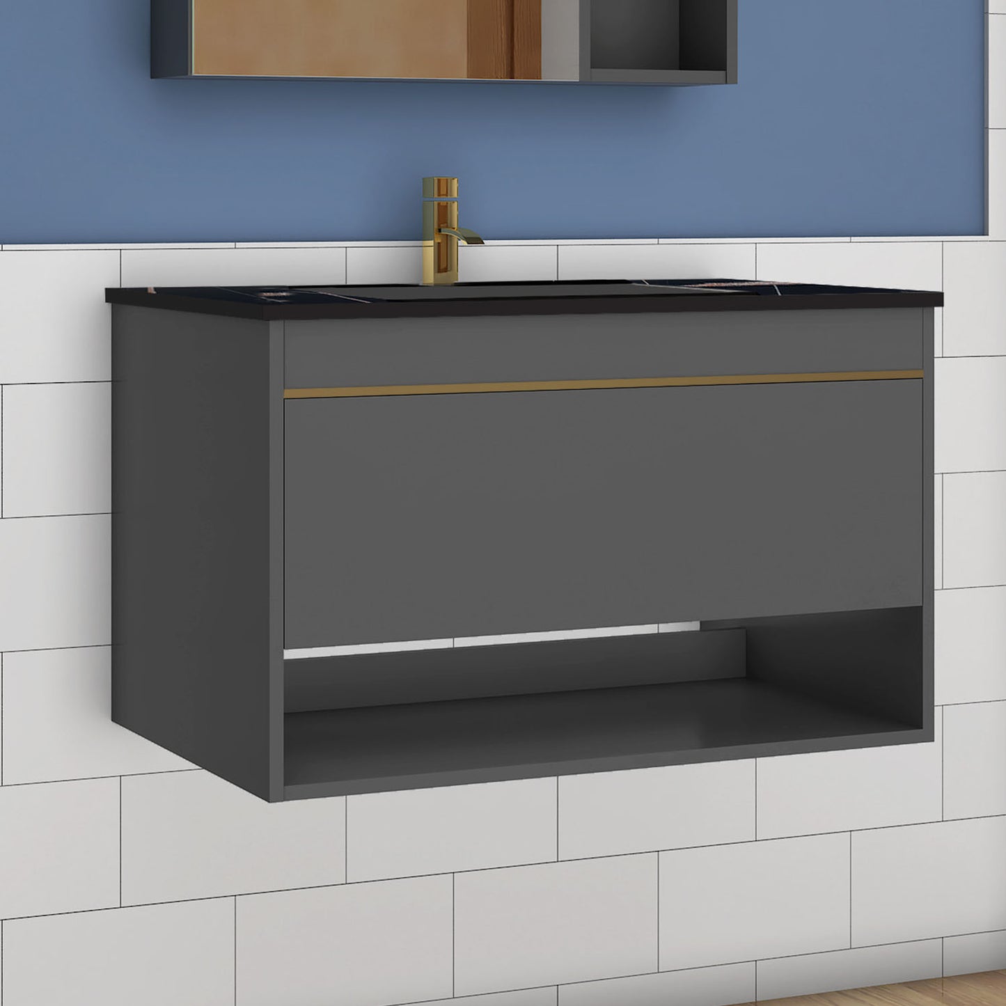 Badmöbel Set 60/80/100 cm Felsplatte Waschtisch mit Unterschrank Dunkelgrau