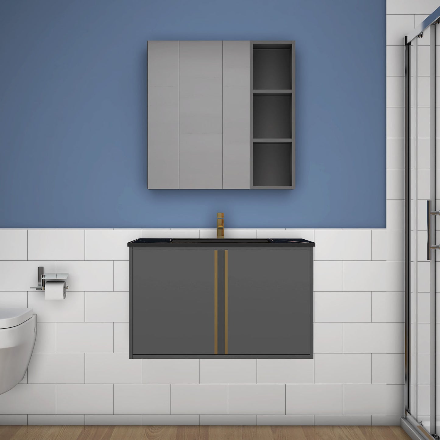 60/80/100 cm Badmöbel Set Felsplatte Waschtisch mit Unterschrank Dunkelgrau