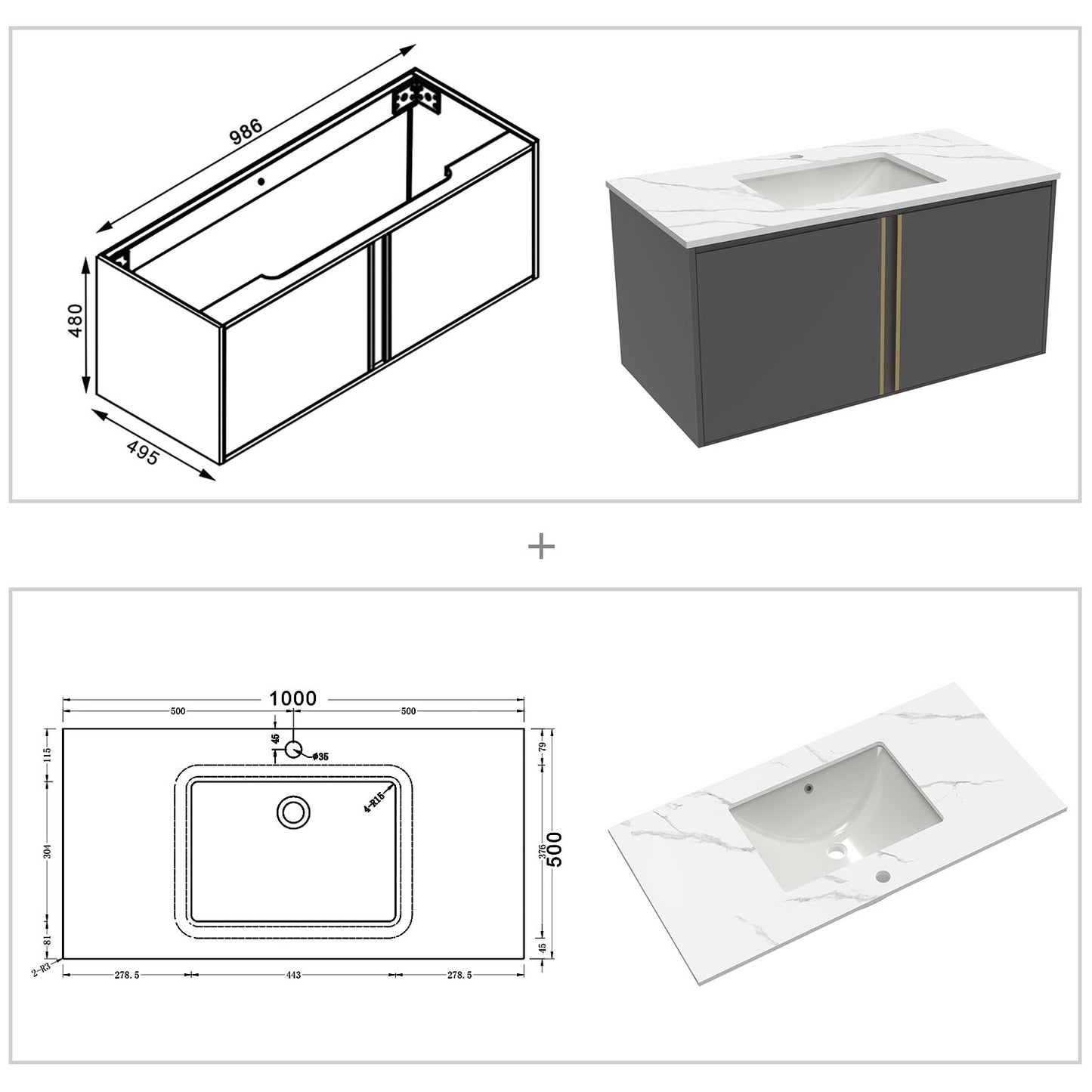 60/80/100 cm Badmöbel Set Felsplatte Waschtisch mit Unterschrank Dunkelgrau