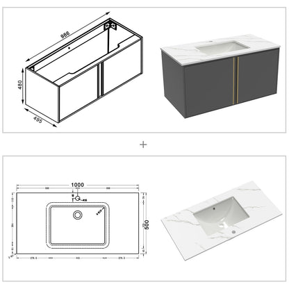60/80/100 cm Badmöbel Set Felsplatte Waschtisch mit Unterschrank Dunkelgrau