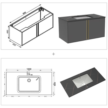 60/80/100 cm Badmöbel Set Felsplatte Waschtisch mit Unterschrank Dunkelgrau