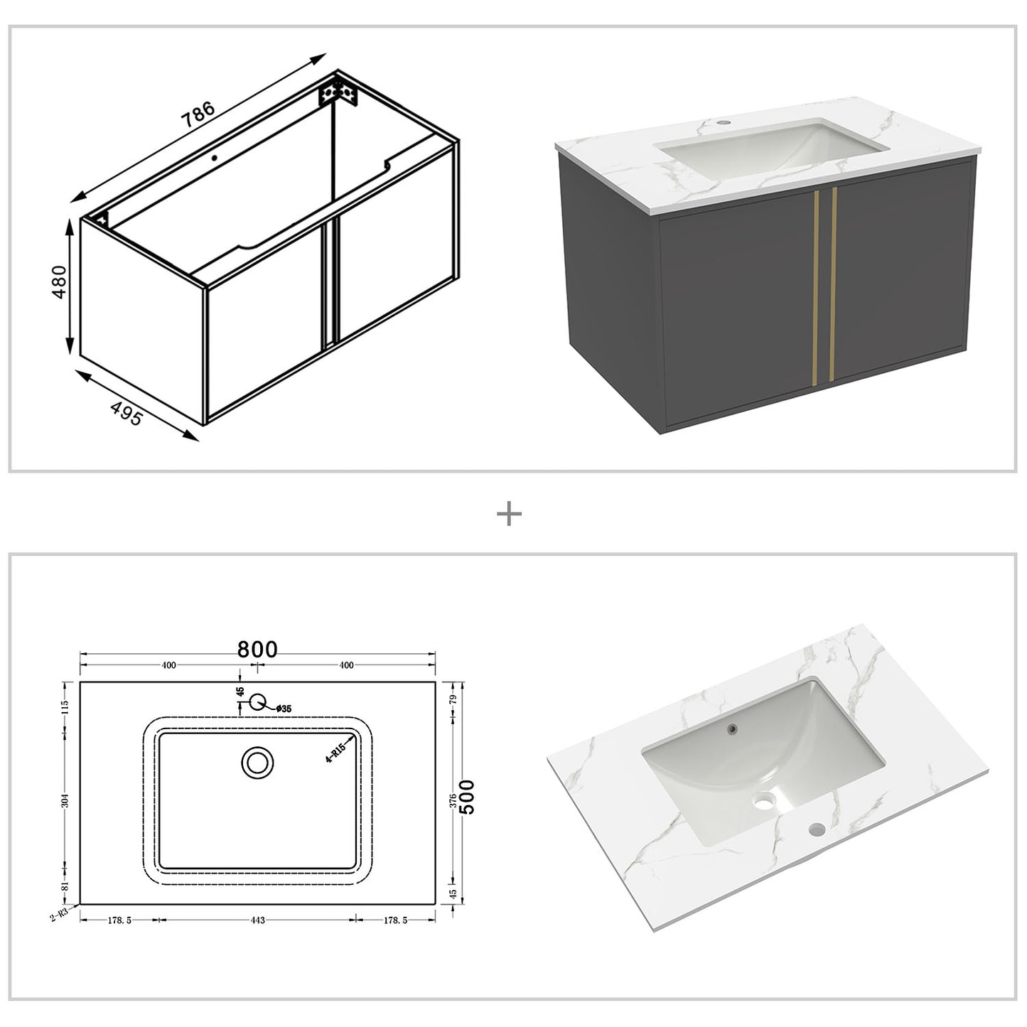 60/80/100 cm Badmöbel Set Felsplatte Waschtisch mit Unterschrank Dunkelgrau