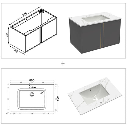 60/80/100 cm Badmöbel Set Felsplatte Waschtisch mit Unterschrank Dunkelgrau