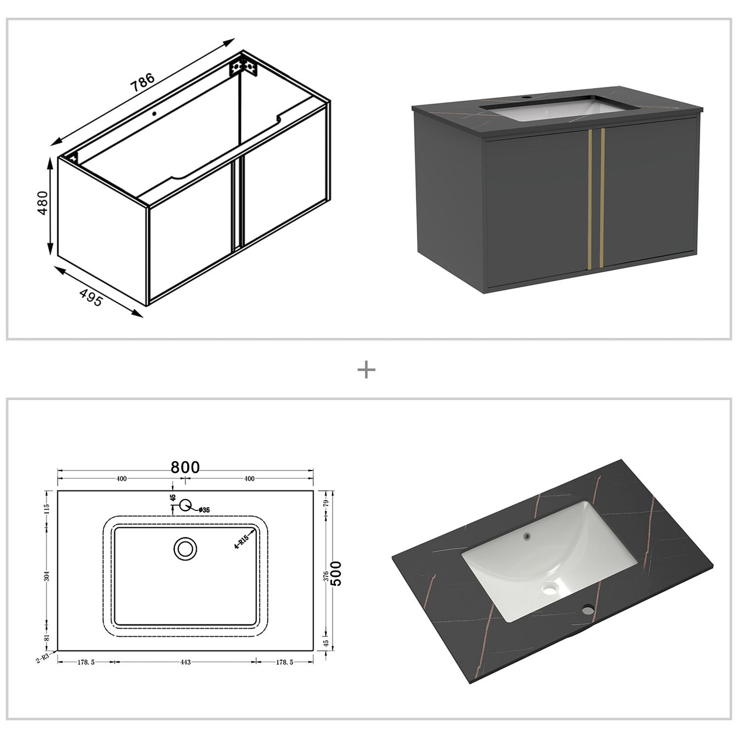 60/80/100 cm Badmöbel Set Felsplatte Waschtisch mit Unterschrank Dunkelgrau