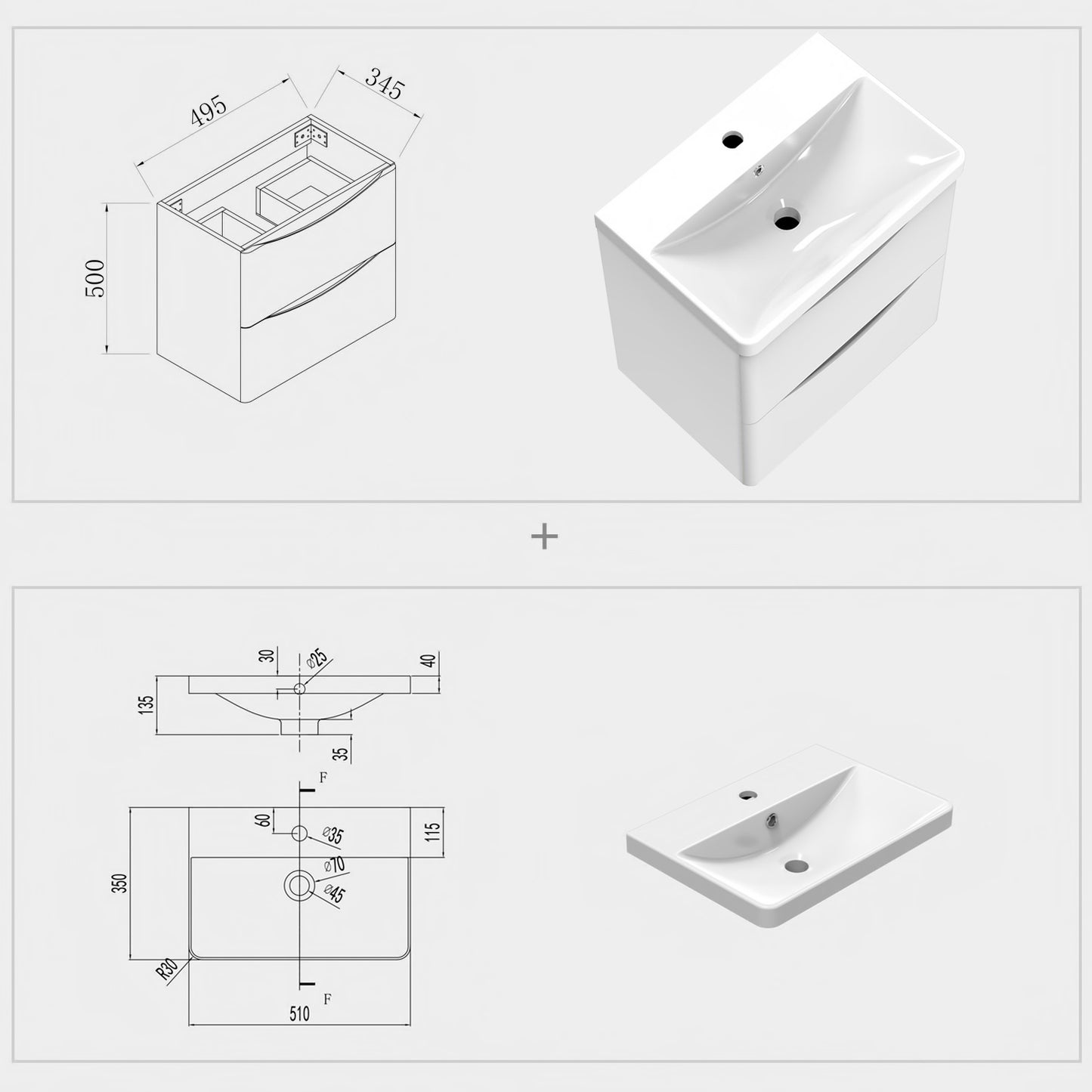 Badmöbel 45/50/60/80 cm Hochglanz-weiß Waschbecken mit Unterschrank,Soft-Close Funktion