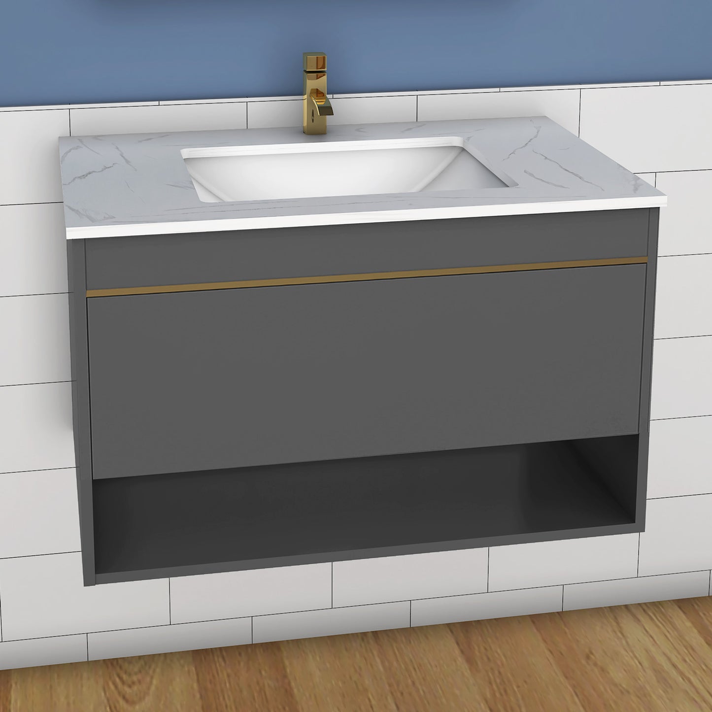 Badmöbel Set 60/80/100 cm Felsplatte Waschtisch mit Unterschrank Dunkelgrau