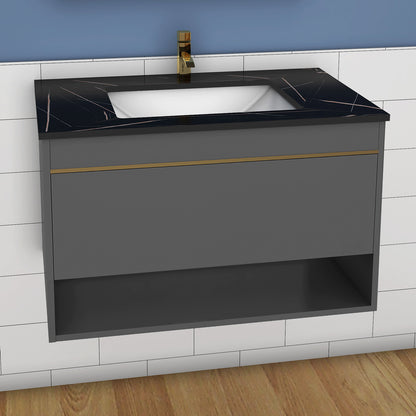 Badmöbel Set 60/80/100 cm Felsplatte Waschtisch mit Unterschrank Dunkelgrau