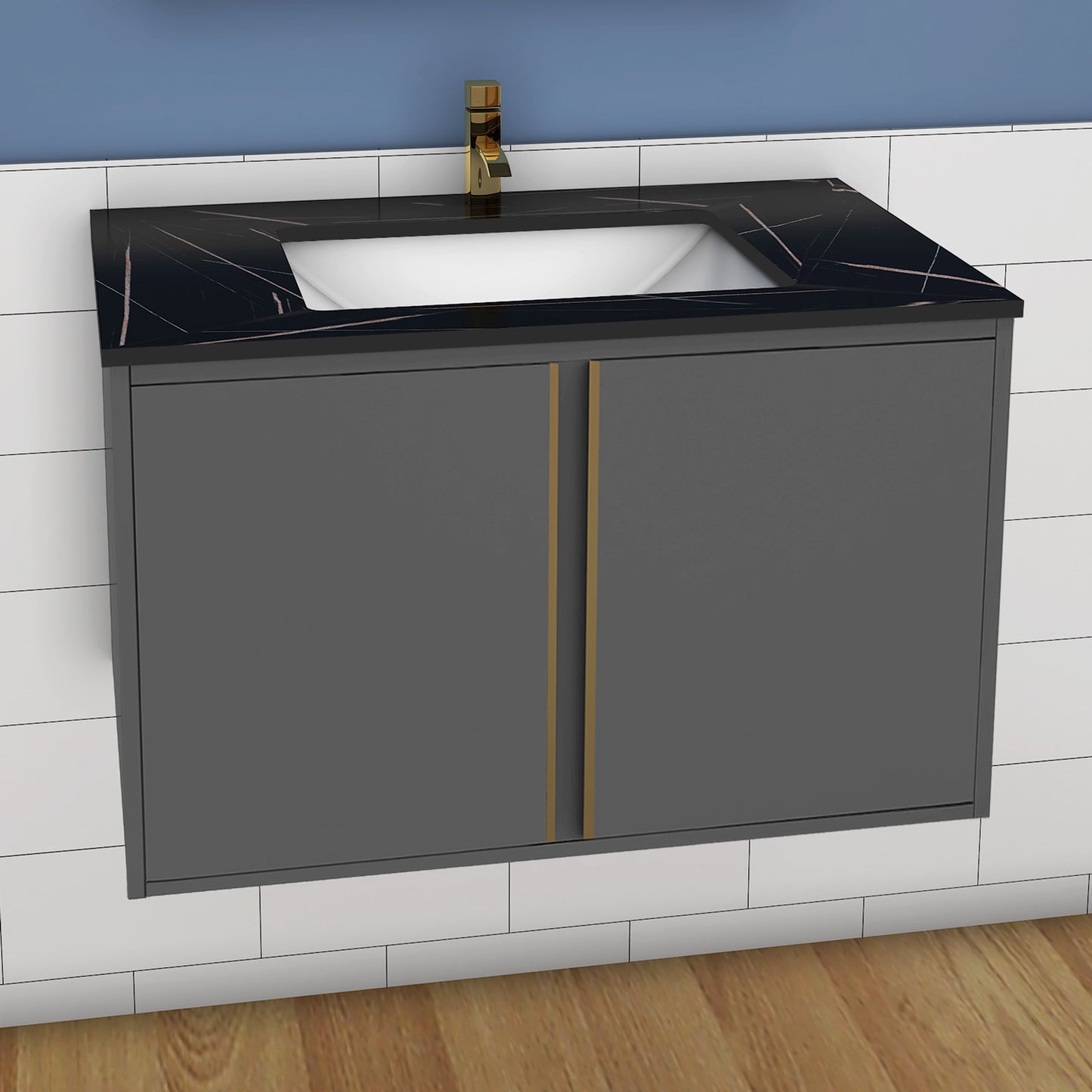 60/80/100 cm Badmöbel Set Felsplatte Waschtisch mit Unterschrank Dunkelgrau