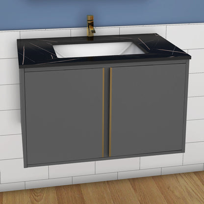 60/80/100 cm Badmöbel Set Felsplatte Waschtisch mit Unterschrank Dunkelgrau