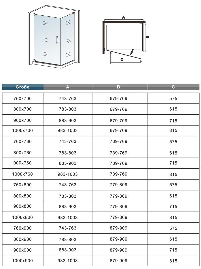 90x90 80x80 Nische Duschkabine Glas Höhe: 185cm