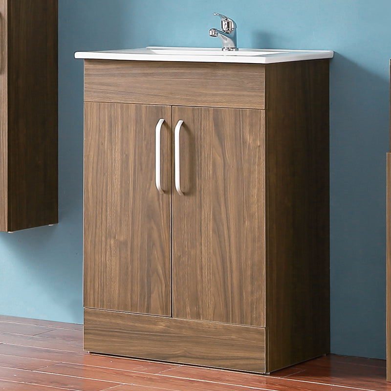 Badmöbel Set 60 cm Standschrank Waschbecken mit Unterschrank freistehend Waschtisch Keramikbecken Walnuss