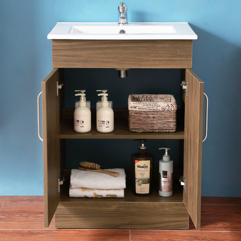 Badmöbel Set 60 cm Standschrank Waschbecken mit Unterschrank freistehend Waschtisch Keramikbecken Walnuss