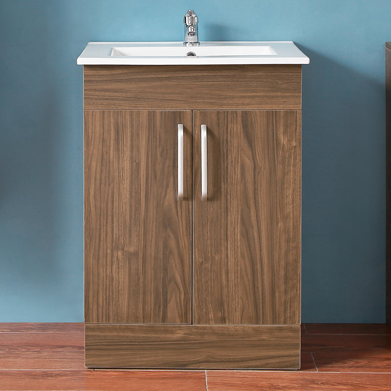 Badmöbel Set 60 cm Standschrank Waschbecken mit Unterschrank freistehend Waschtisch Keramikbecken Walnuss