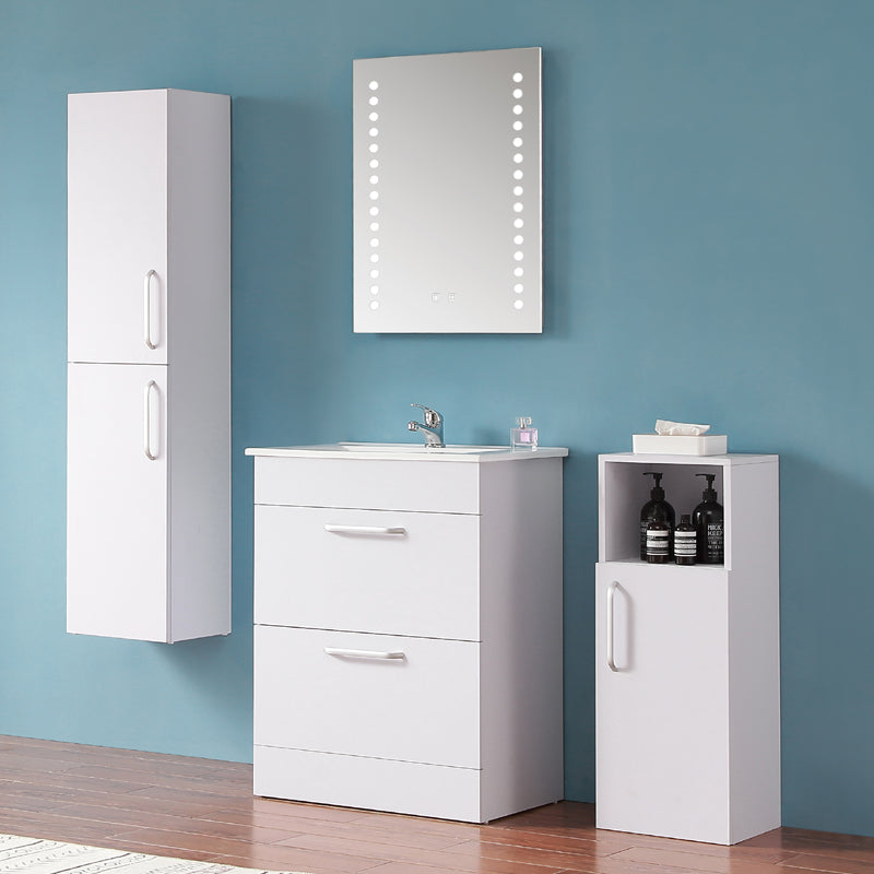 Badezimmer Möbel Set 60 cm Weiß/Walnuss Standschrank Waschbecken mit Unterschrank Waschtisch Keramikbecken Weiß/Walnuss