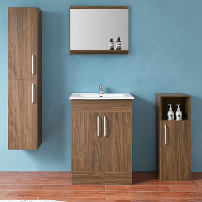 Badmöbel Set 60 cm Standschrank Waschbecken mit Unterschrank freistehend Waschtisch Keramikbecken Walnuss